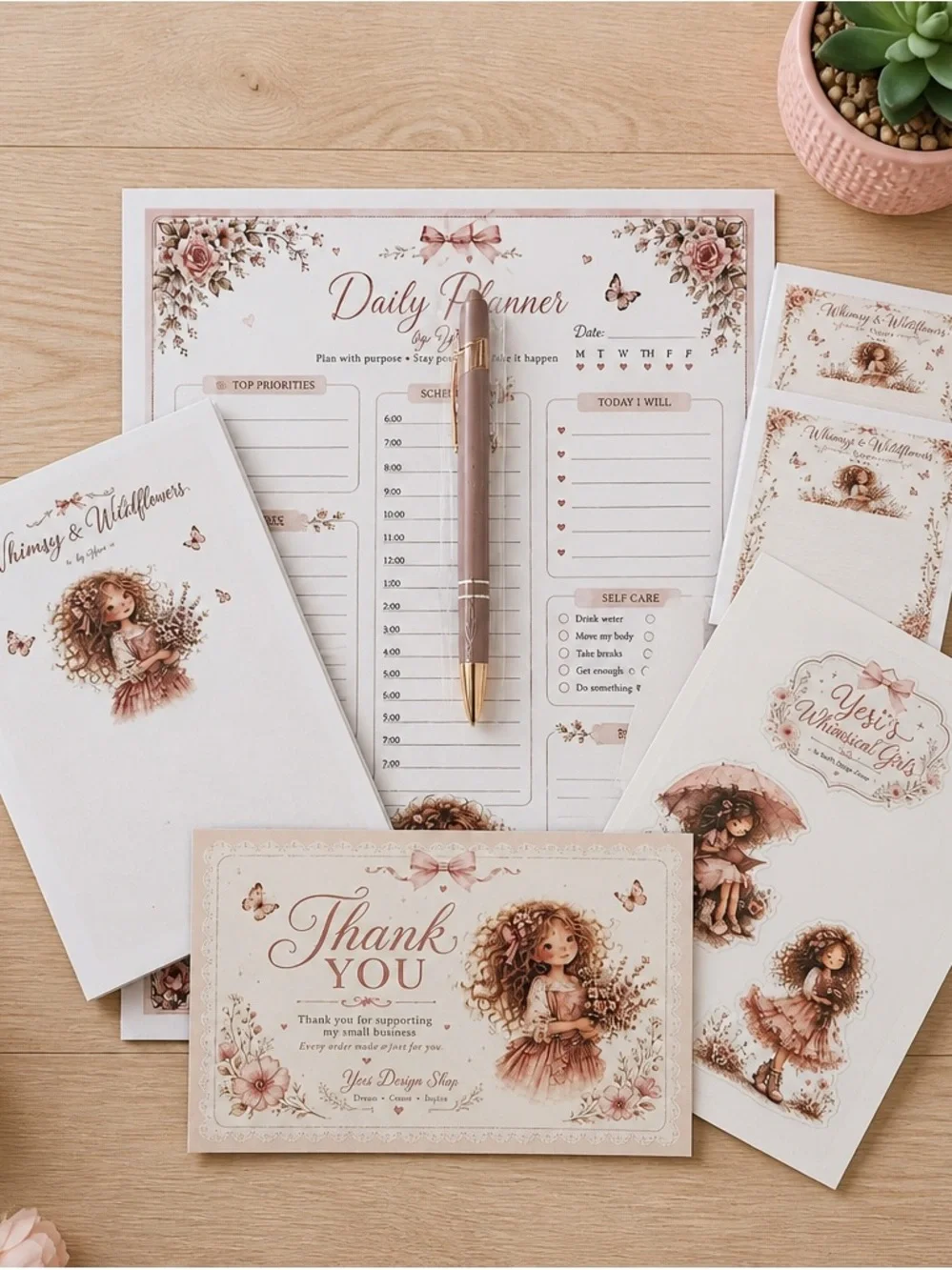 Daily Planner & Stationery Set in Dusty Rose - Elegant Floral Design